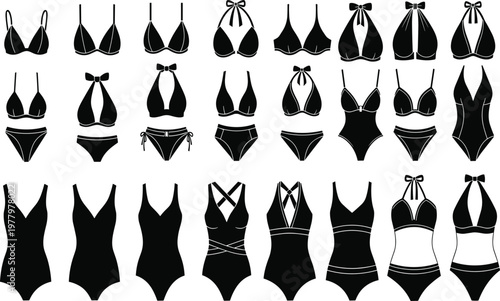 Swimsuit silhouette collection, bikini tops, halter neck, bandeau, high waist bottoms, one piece swimwear, fashion design, summer beachwear illustration