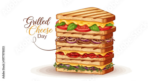 Vector illustration promoting Grilled Cheese Day with a towering cheesy sandwich illustration, showcasing layers of melted cheese, tomatoes, basil, and onions on golden toasted bread
