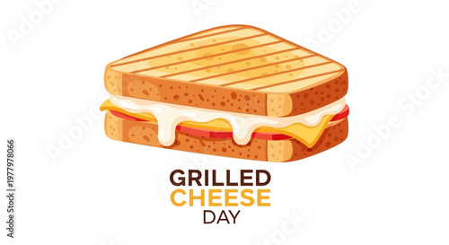 A vector illustration showcases a delicious grilled cheese sandwich, emphasizing the melted cheese close up and golden toasted bread, set against a clean white background
