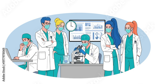 Medical professionals, laboratory team, doctors and nurses, healthcare workers, vector illustration
