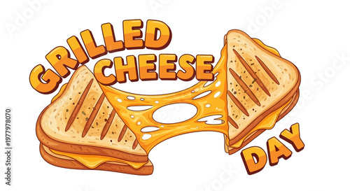 Illustration celebrating Grilled Cheese Day with a cheesy sandwich illustration, showcasing a melted cheese close up between golden toasted bread slices, set against a clean white