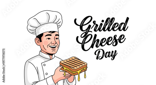 A cheerful chef illustration celebrates Grilled Cheese Day by presenting a golden toasted grilled cheese sandwich oozing with melted cheese against a clean white background