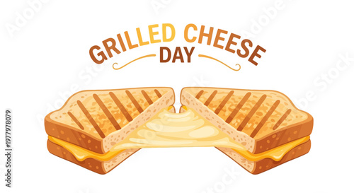 A cheesy sandwich illustration promotes grilled cheese day with golden toasted bread and gooey cheese melt, set against a clean white background, highlighting the delicious snack concept