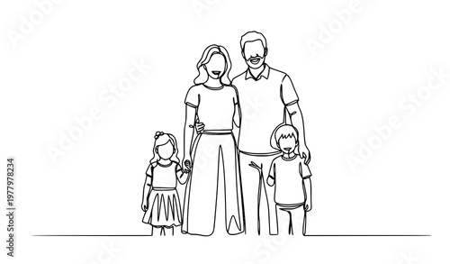 Happy family with two children continuous line drawing family portrait vector illustration