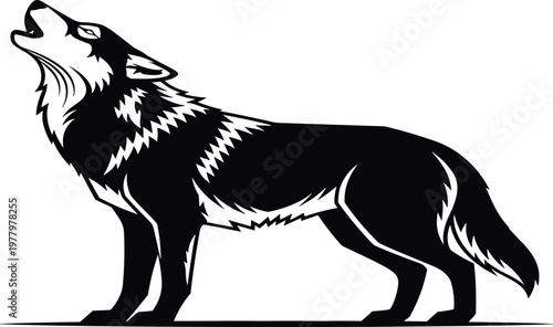 Wolf silhouette illustration, howling posture, wilderness symbol, strength and freedom, animal design, nature concept, wildlife art, outdoor adventure icon