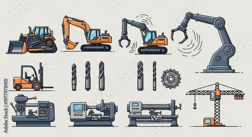 Collection of industrial construction and manufacturing machinery and tools.