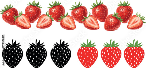 Strawberry vector collection featuring realistic whole and sliced berries with seeds plus flat silhouette icons in black and red styles
