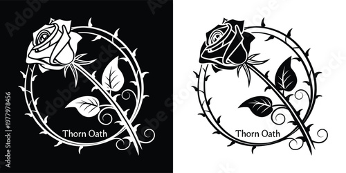 Stylized rose with detailed leaves and a thorny vine elegantly encircling the "Thorn Oath" text in a striking black and white vector illustration.