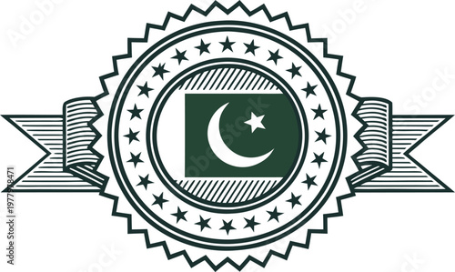 Green white and gold vintage pakistan independence day emblem with wheat sheaves