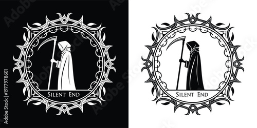 Ominous grim reaper figure holding a scythe, encased within an elaborate gothic ornate frame, representing the concept of the silent end.
