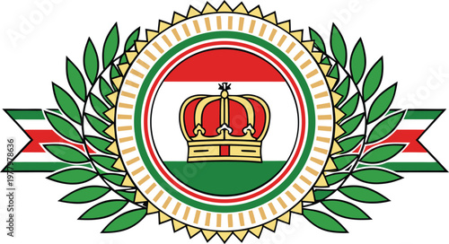 Circular hungary national day badge with red white green ribbon and crown symbol
