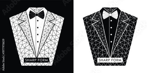 Elegant tuxedo jacket illustrated with a geometric low poly mesh design featuring a bowtie for formal event branding concepts