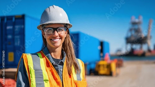 Optimistic Engineer at Work: A construction engineer exudes confidence and expertise, standing amidst cargo containers under a vibrant sky.