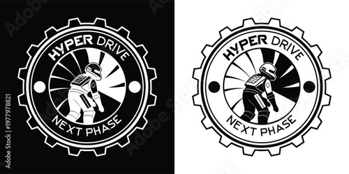 Futuristic space exploration emblem featuring an astronaut character within a gear and aperture design, representing hyper drive's next phase adventure.
