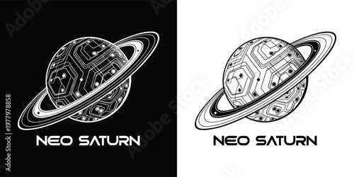 Futuristic planet design featuring an intricate ringed sphere with digital circuitry lines displayed in high contrast black and white colors