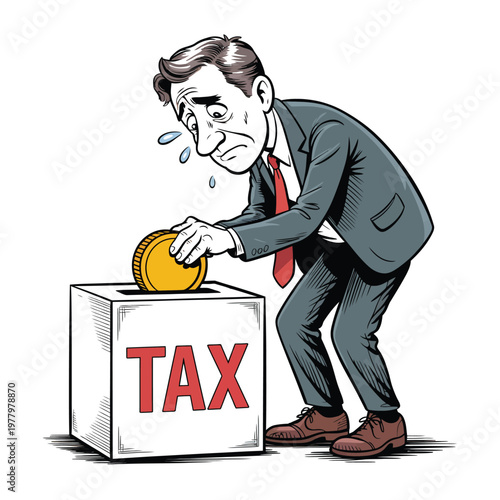 Man in suit worriedly deposits coin into a box labeled TAX, illustrating financial burden.