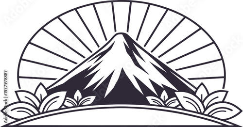 Black and white mountain peak with floral wreath emblem