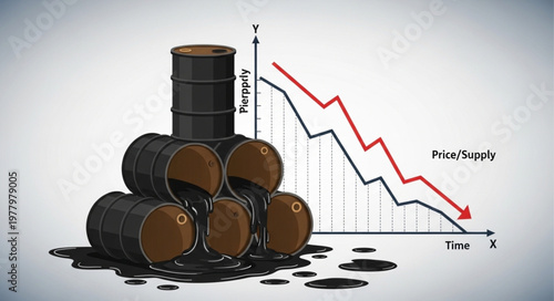 Oil barrels and falling price graph symbolizing economic downturn.