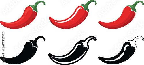 Hot Chili Pepper Icon Set in Red and Black Silhouette Styles, Vector Illustration for Spicy Food, Mexican Cuisine, Cooking, Restaurant Branding, and Food Design Projects