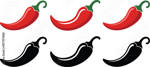 Hot Chili Pepper Icon Set in Red and Black Silhouette Styles, Vector Illustration for Spicy Food, Mexican Cuisine, Cooking, Restaurant Branding, and Food Design Projects