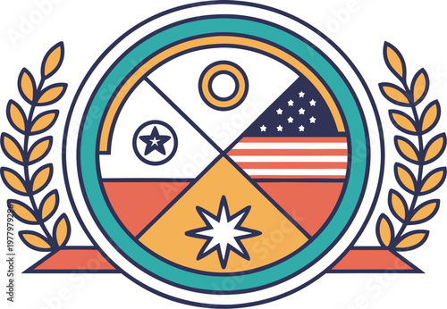 Circular badge with multicultural hands and starburst