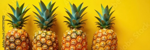 Close-up, richly hued pineapples against sunny yellow , bright colors, food
