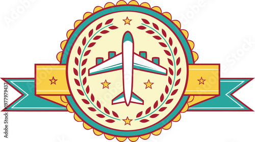 Circular peruvian aviation celebration badge with airplane and stars