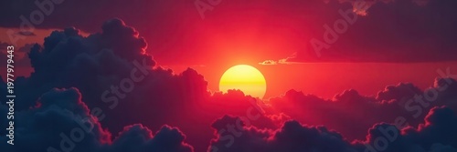 Crimson sun dips below bruised clouds, saturated colors explode, vibrant, color, cloudscape