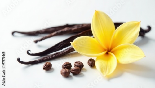 Fragrant vanilla flower next to dried vanilla pods on white, dessert, close-up, food photography