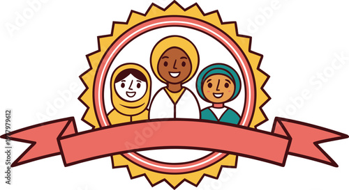 Colorful multicultural celebration badge with diverse cartoon faces