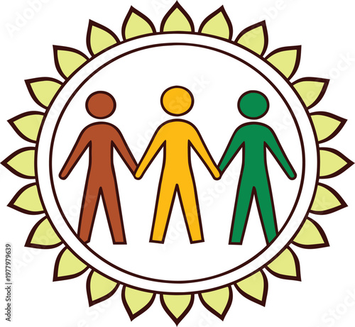 Multicultural badge with diverse figures in sunburst