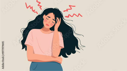 Woman in distress with headache and stressed expression.