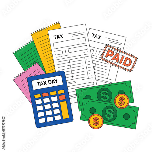 Tax documents, calculator, and money symbolizing tax day and financial obligations.