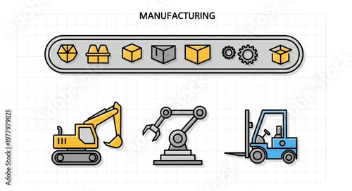 Manufacturing industry icons and equipment illustration.