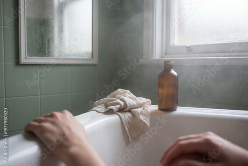Unwinding in a steamy bathtub with bath essentials for relaxation