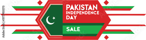 Green and white pakistan independence day sale tag with crescent star