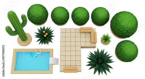 Top view garden landscape design swimming pool patio benches plants outdoor illustration photo