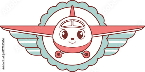 Cute cartoon airplane pilot badge with smiling face and propeller