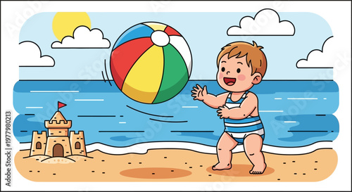 Happy child playing with beach ball on sunny summer beach