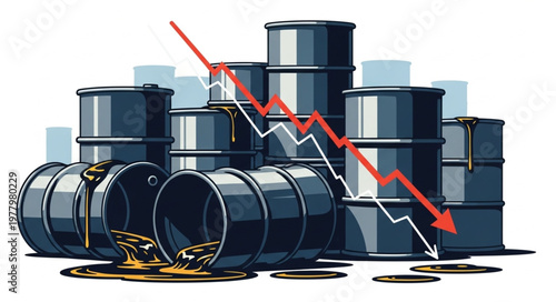 Oil barrels with a downward trending graph indicating price drop.