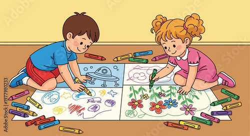 Happy children drawing colorful pictures with crayons on floor