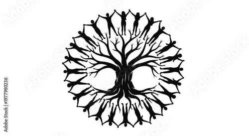 Symbolic illustration of a tree of life formed by a circle of diverse people holding hands.