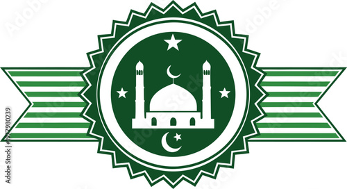 Green white badge with white mosque silhouette and crescent stars