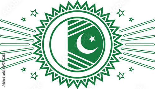 Green white star badge with radiating lines and circular border