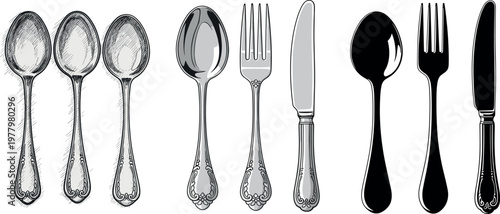 Vintage cutlery set with engraved spoons, fork and knife, hand drawn and silhouette silverware collection
