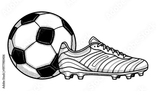 Soccer ball and football boot line art vector