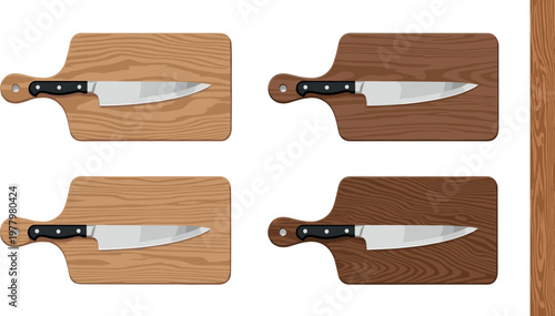 Wooden cutting board set with kitchen knife, realistic chopping boards in different wood textures for cooking and food preparation design