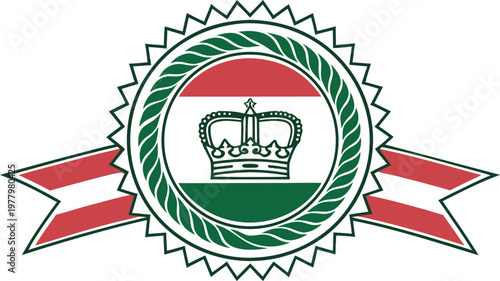 Hungary national day badge with green wreath red center and crown symbol