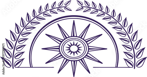 Intricate black and white macedonian emblem with sun motif