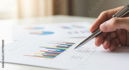 Business graph analysis with pen on paper.